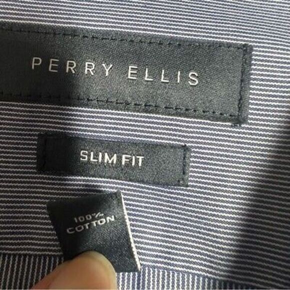 Perry Ellis Slim Fit Mens Pinstripe Button Up Shirt Size 15 Long Sleeve Blue - Picture 4 of 6